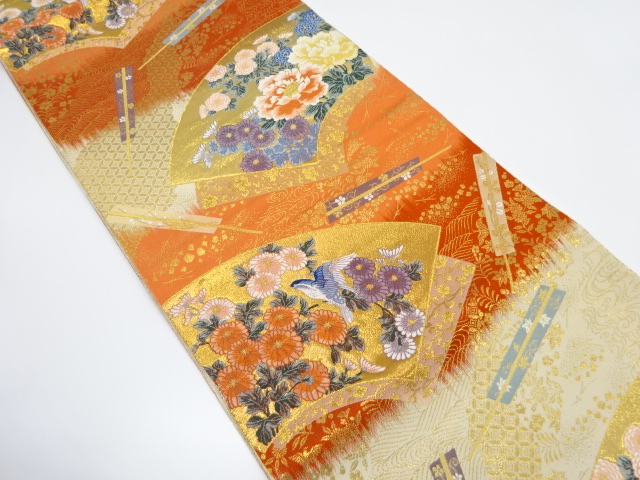 地紙に扇・花鳥模様織り出し　袋帯